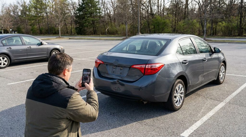 Driver photographing bumper damage from a safe parking area after a car accident.