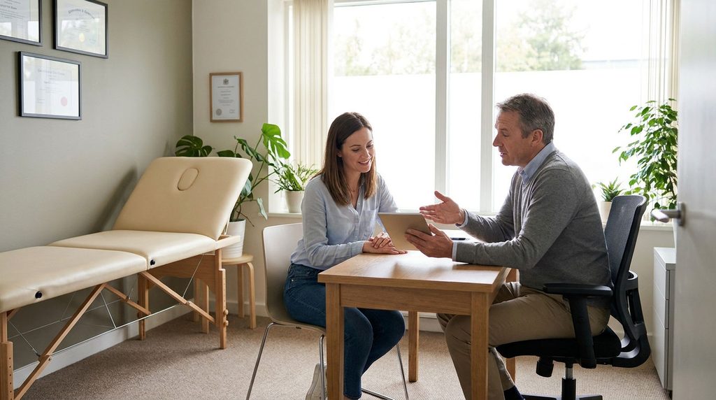 Doctor discussing symptoms with a patient during a follow-up after a car accident.