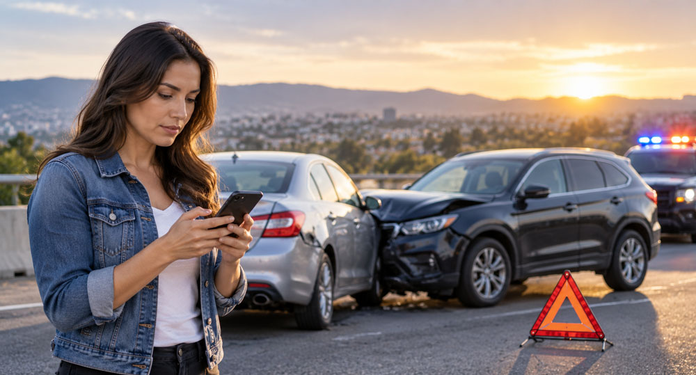 Woman standing on a highway using her smartphone after a car collision between a silver sedan and a black SUV, with a red warning triangle on the road and a police vehicle with flashing lights in the background at sunset.